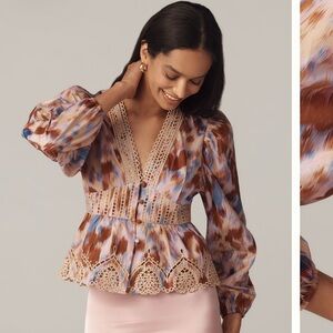 Farm Rio Ikat Leopard Blouse with Crochet Details